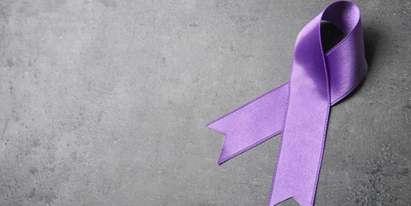 Purple ribbon on gray background